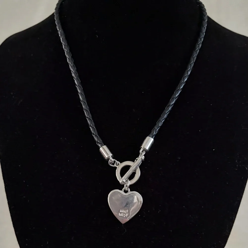 Black Braided Leather Necklace with Silver Heart Pendant By Nine West